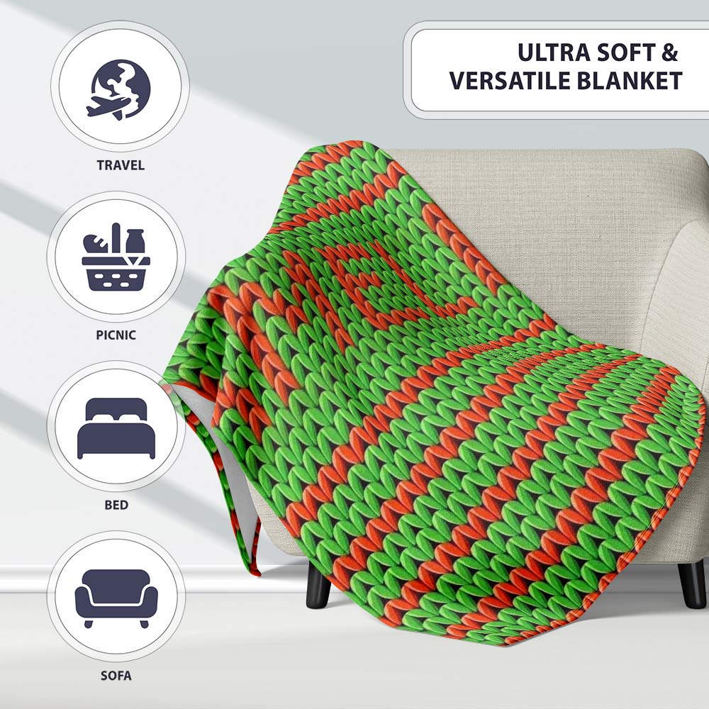 Cute Festive Knit Green Red White Nordic Textile Seamless Pattern Personalised Custom Name Super Soft Fleece Blanket Bed Sofa Throw
