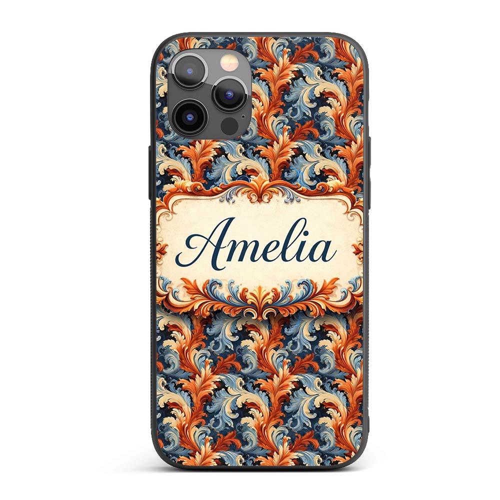 Blue Orange Baroque Floral Artistic Ornamental Custom Name Protective Phone Case Mobile Cover Durable Everyday Smartphone Shock Resistant
