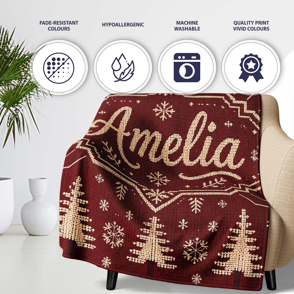 Cute Red Knit Texture Abstract Festive Seamless Pattern Lovely Personalised Custom Name Super Soft Fleece Blanket Bed Sofa Throw