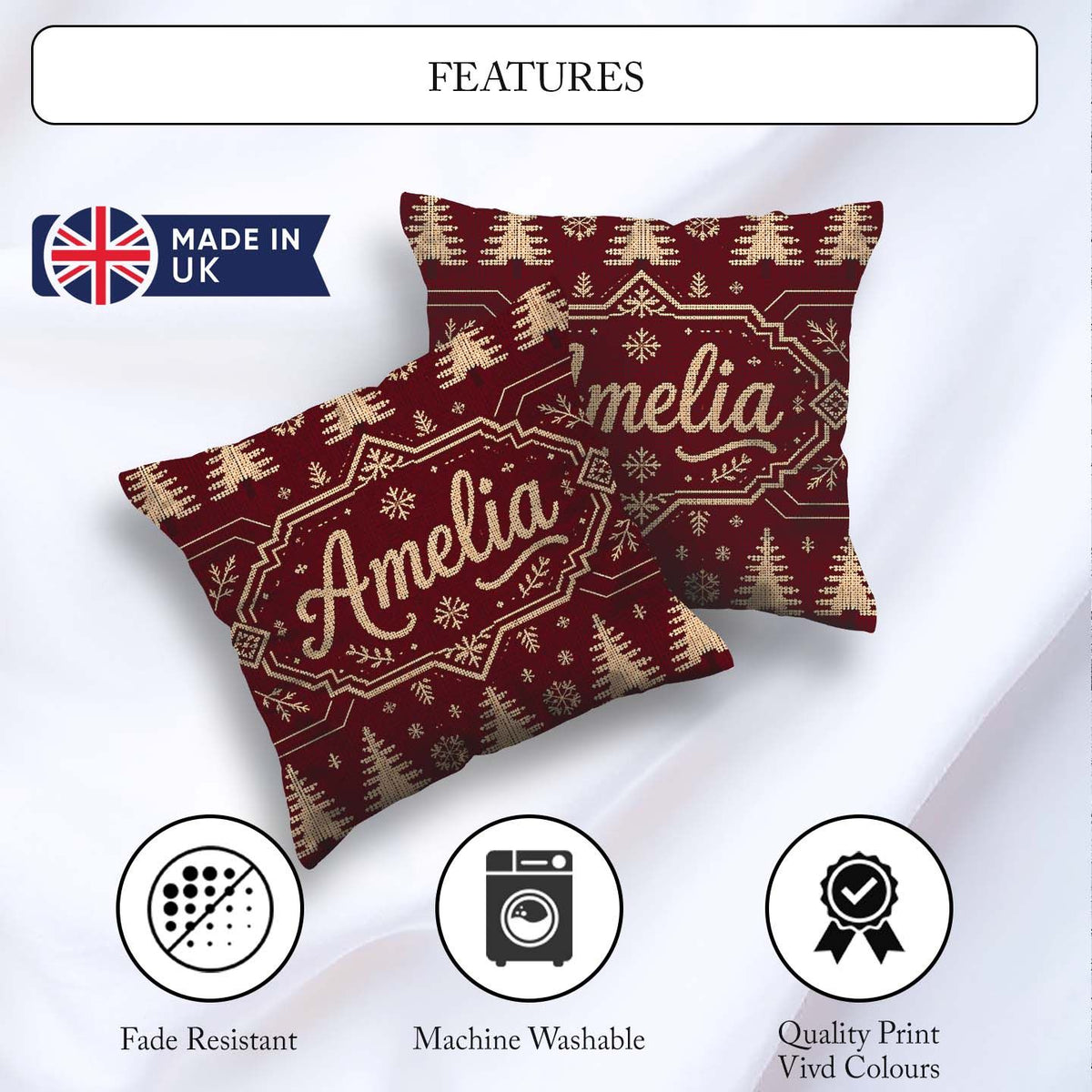 Custom Name Red Knit Texture Abstract Festive Seamless Pattern Square Filled Cushion Throw Pillow Sofa Bed Home Decor Zip Washable UK Made