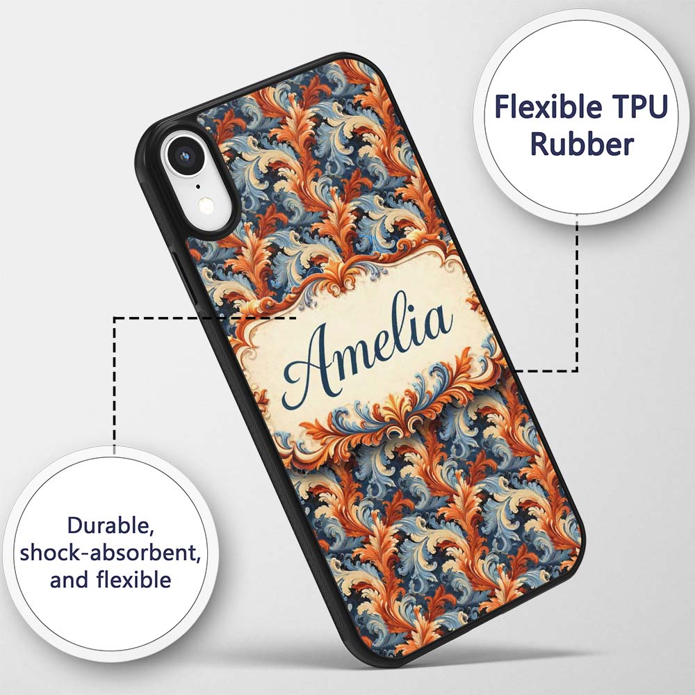 Blue Orange Baroque Floral Artistic Ornamental Custom Name Protective Phone Case Mobile Cover Durable Everyday Smartphone Shock Resistant