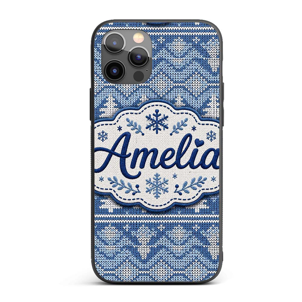 Cute Blue Knitted Winter Heart Snowflake Nordic Custom Name Protective Phone Case Mobile Cover Durable Everyday Smartphone Shock Resistant