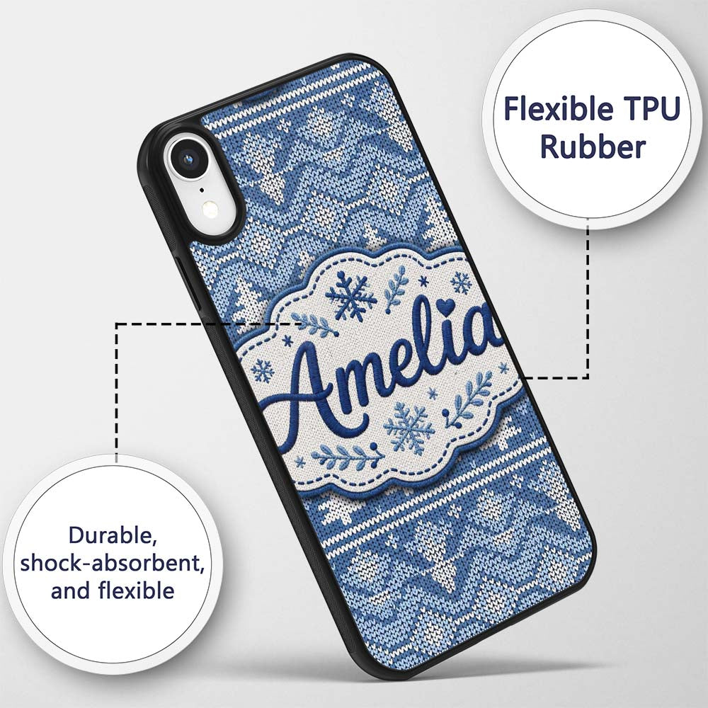 Cute Blue Knitted Winter Heart Snowflake Nordic Custom Name Protective Phone Case Mobile Cover Durable Everyday Smartphone Shock Resistant