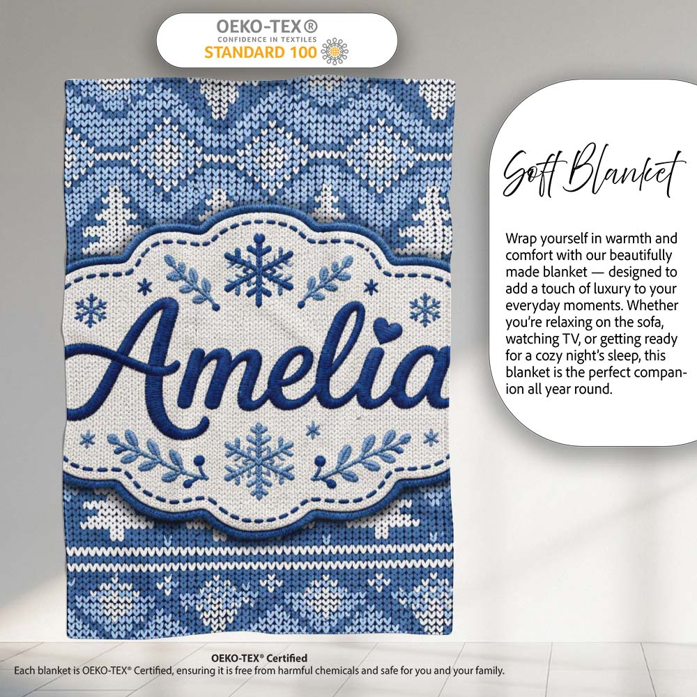 Cute Blue Knitted Winter Heart Snowflake Nordic Seamless Pattern Personalised Custom Name Super Soft Fleece Blanket Bed Sofa Throw