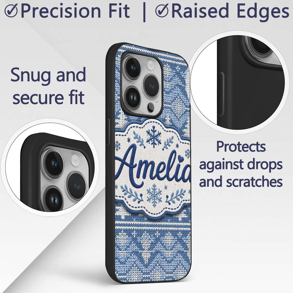 Cute Blue Knitted Winter Heart Snowflake Nordic Custom Name Protective Phone Case Mobile Cover Durable Everyday Smartphone Shock Resistant