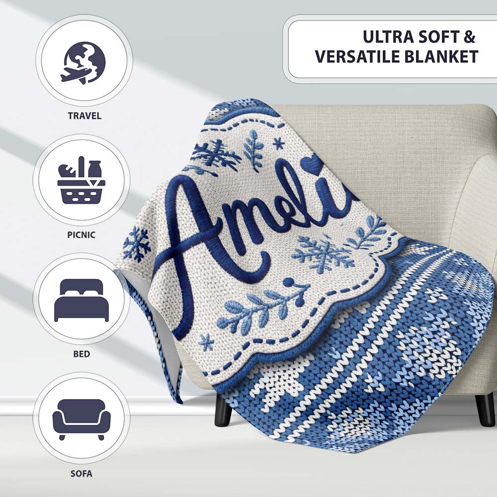 Cute Blue Knitted Winter Heart Snowflake Nordic Seamless Pattern Personalised Custom Name Super Soft Fleece Blanket Bed Sofa Throw