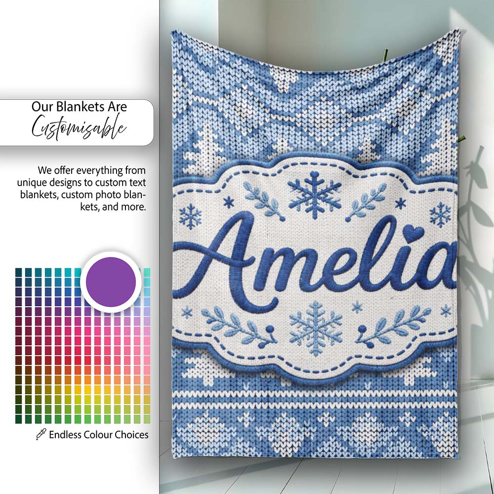 Cute Blue Knitted Winter Heart Snowflake Nordic Seamless Pattern Personalised Custom Name Super Soft Fleece Blanket Bed Sofa Throw