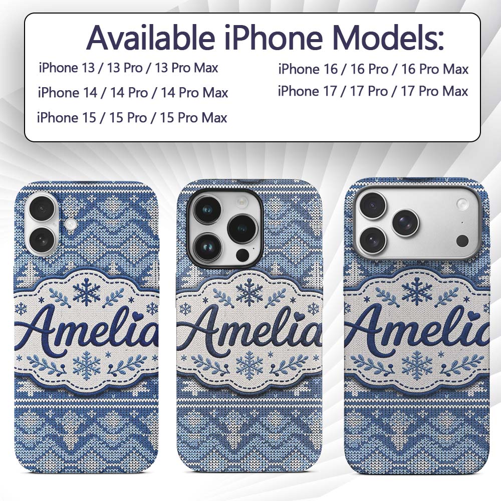 Cute Blue Knitted Winter Heart Snowflake Nordic Custom Name Protective Phone Case Mobile Cover Durable Everyday Smartphone Shock Resistant