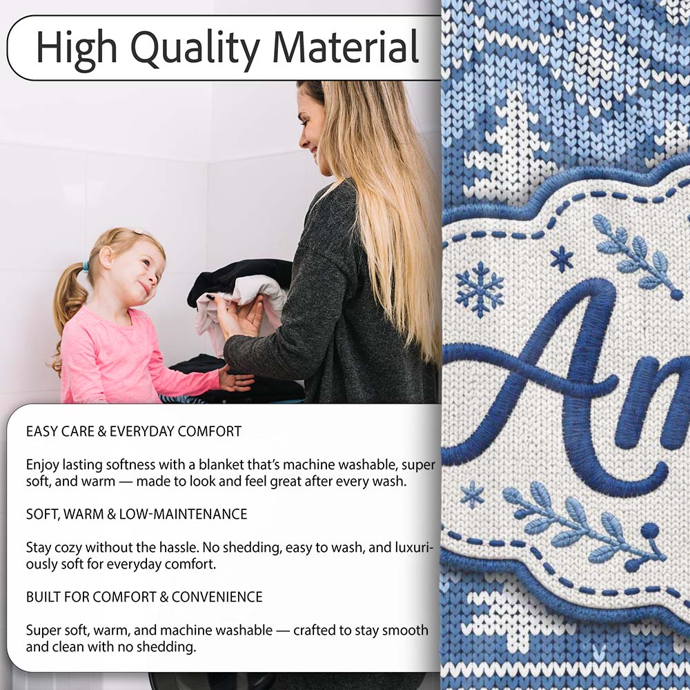 Cute Blue Knitted Winter Heart Snowflake Nordic Seamless Pattern Personalised Custom Name Super Soft Fleece Blanket Bed Sofa Throw