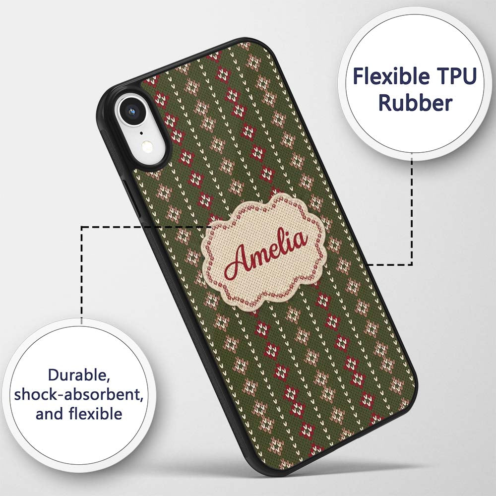 Cute Green Knitted Heart Nordic Minimal Festive Custom Name Protective Phone Case Mobile Cover Durable Everyday Smartphone Shock Resistant