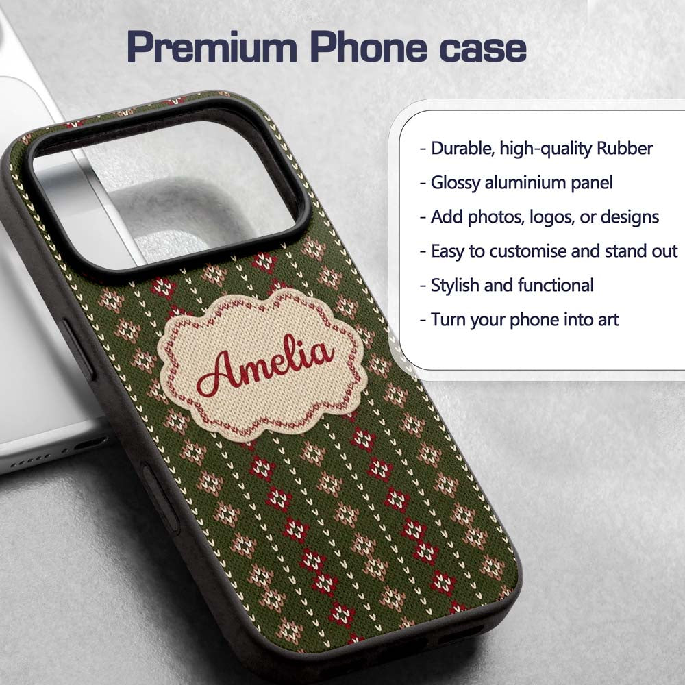 Cute Green Knitted Heart Nordic Minimal Festive Custom Name Protective Phone Case Mobile Cover Durable Everyday Smartphone Shock Resistant