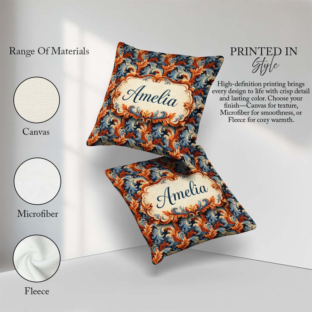 Custom Name Orange Baroque Floral Artistic Ornamental Decorative Square Filled Cushion Throw Pillow Sofa Bed Home Decor Zip Washable UK Made