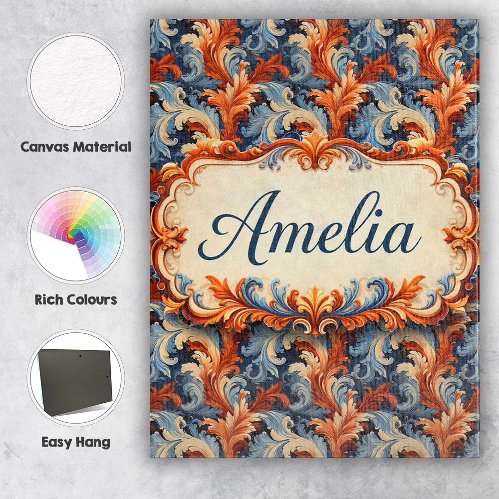 Personalised Name Blue Orange Baroque Floral Artistic Ornamental Custom Interior Canvas Wall Art Print Decor Picture Ready to Hang