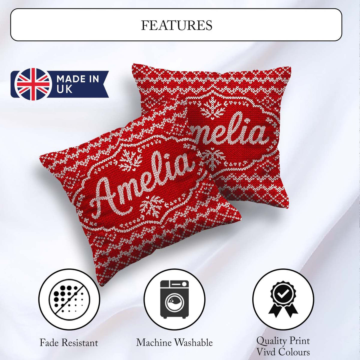 Custom Name Cute Red Knitted Heart Nordic Simple Festive Pattern Square Filled Cushion Throw Pillow Sofa Bed Home Decor Zip Washable UK Made