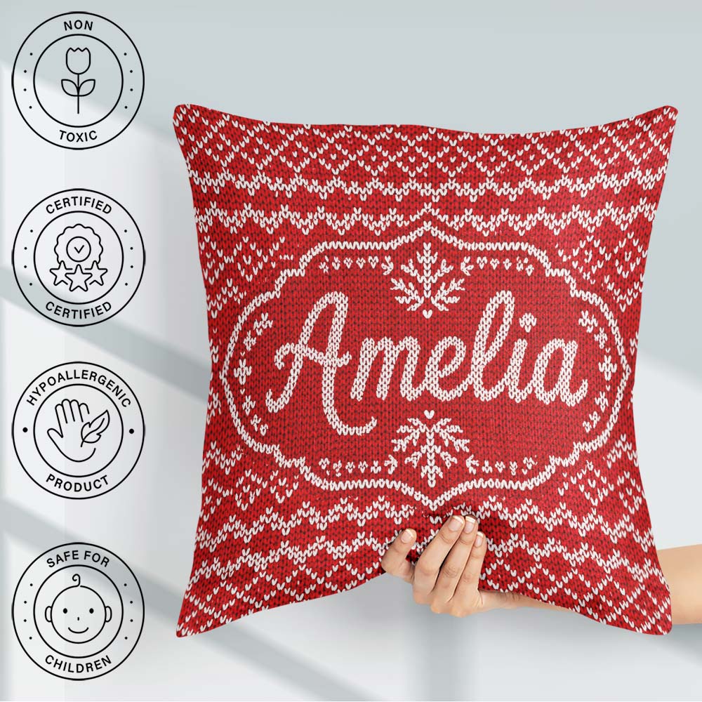 Custom Name Cute Red Knitted Heart Nordic Simple Festive Pattern Square Filled Cushion Throw Pillow Sofa Bed Home Decor Zip Washable UK Made