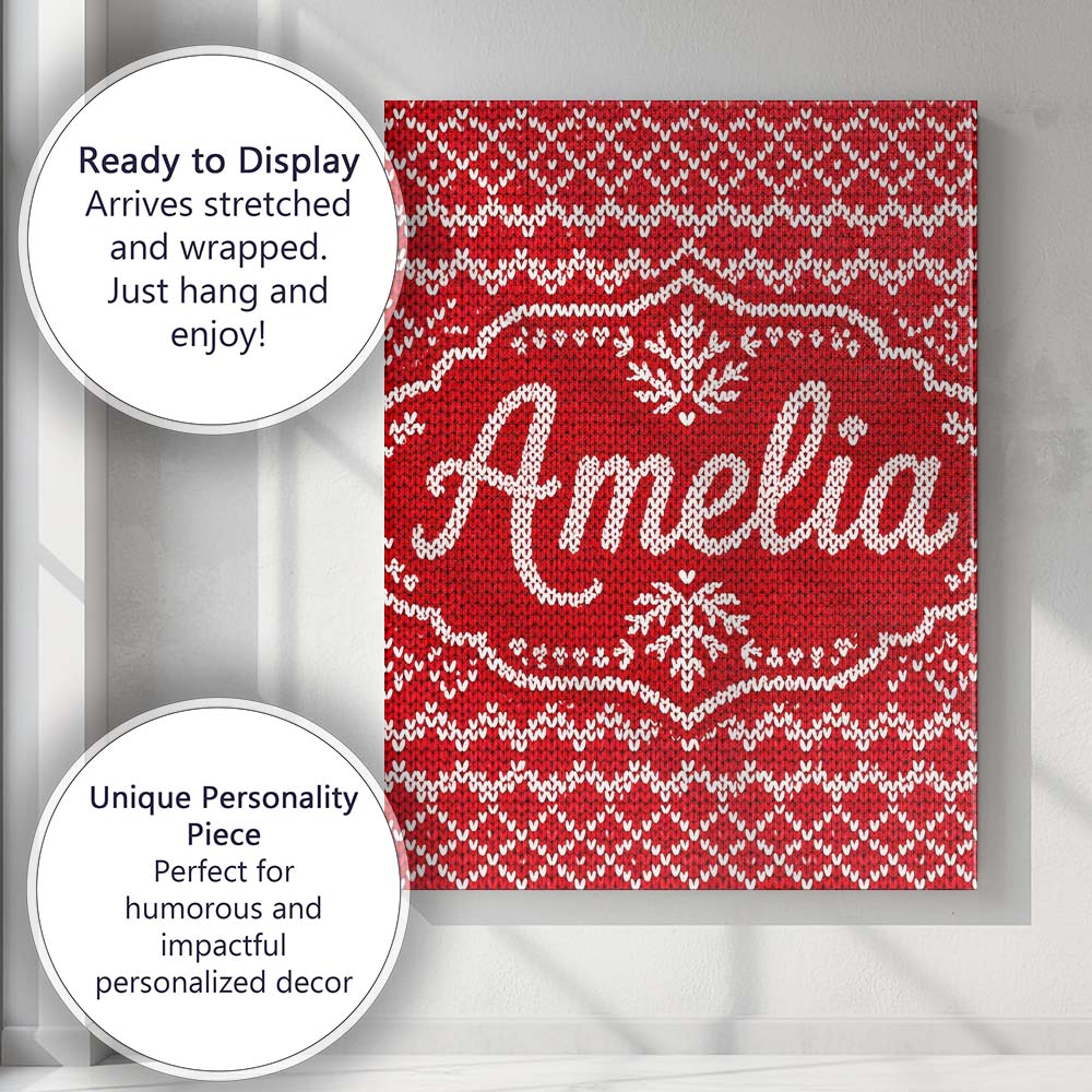 Personalised Name Cute Red Knitted Heart Custom Unique Gift Idea Elegant Feature Canvas Wall Art Print Decor Picture Ready to Hang