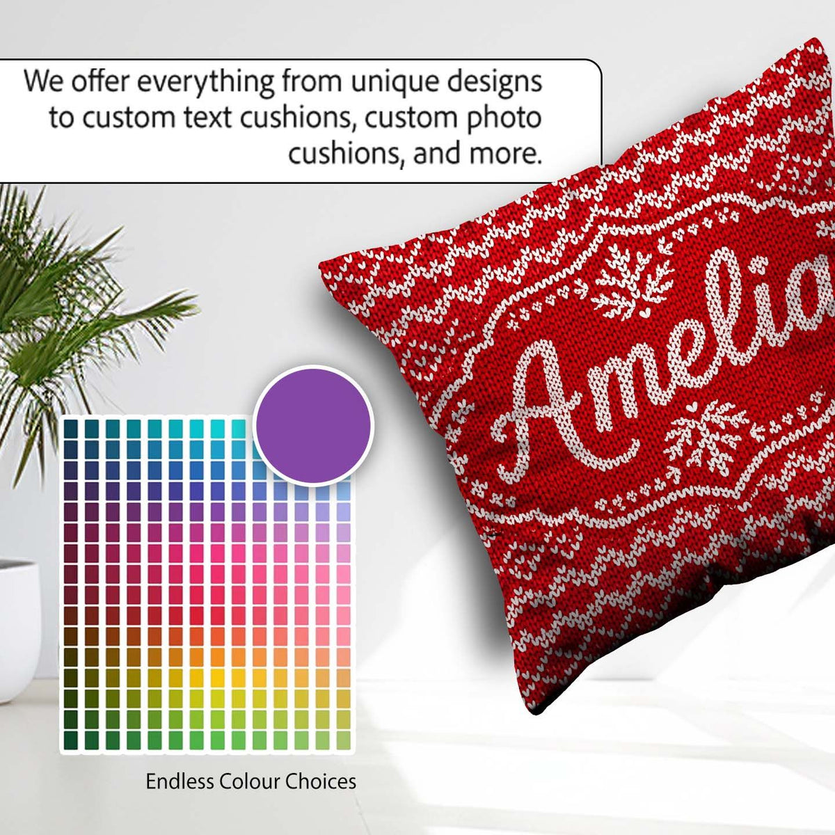 Custom Name Cute Red Knitted Heart Nordic Simple Festive Pattern Square Filled Cushion Throw Pillow Sofa Bed Home Decor Zip Washable UK Made