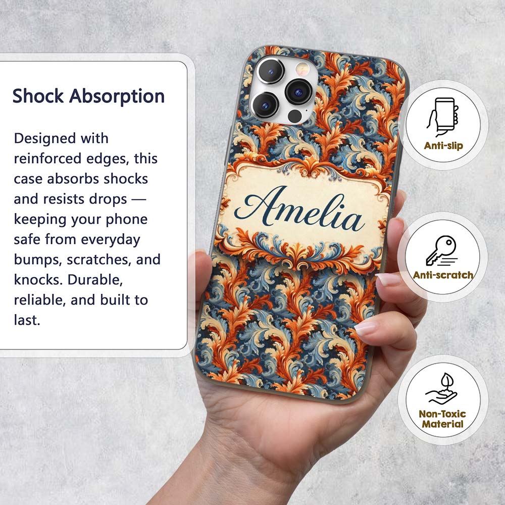 Blue Orange Baroque Floral Artistic Ornamental Custom Name Protective Phone Case Mobile Cover Durable Everyday Smartphone Shock Resistant