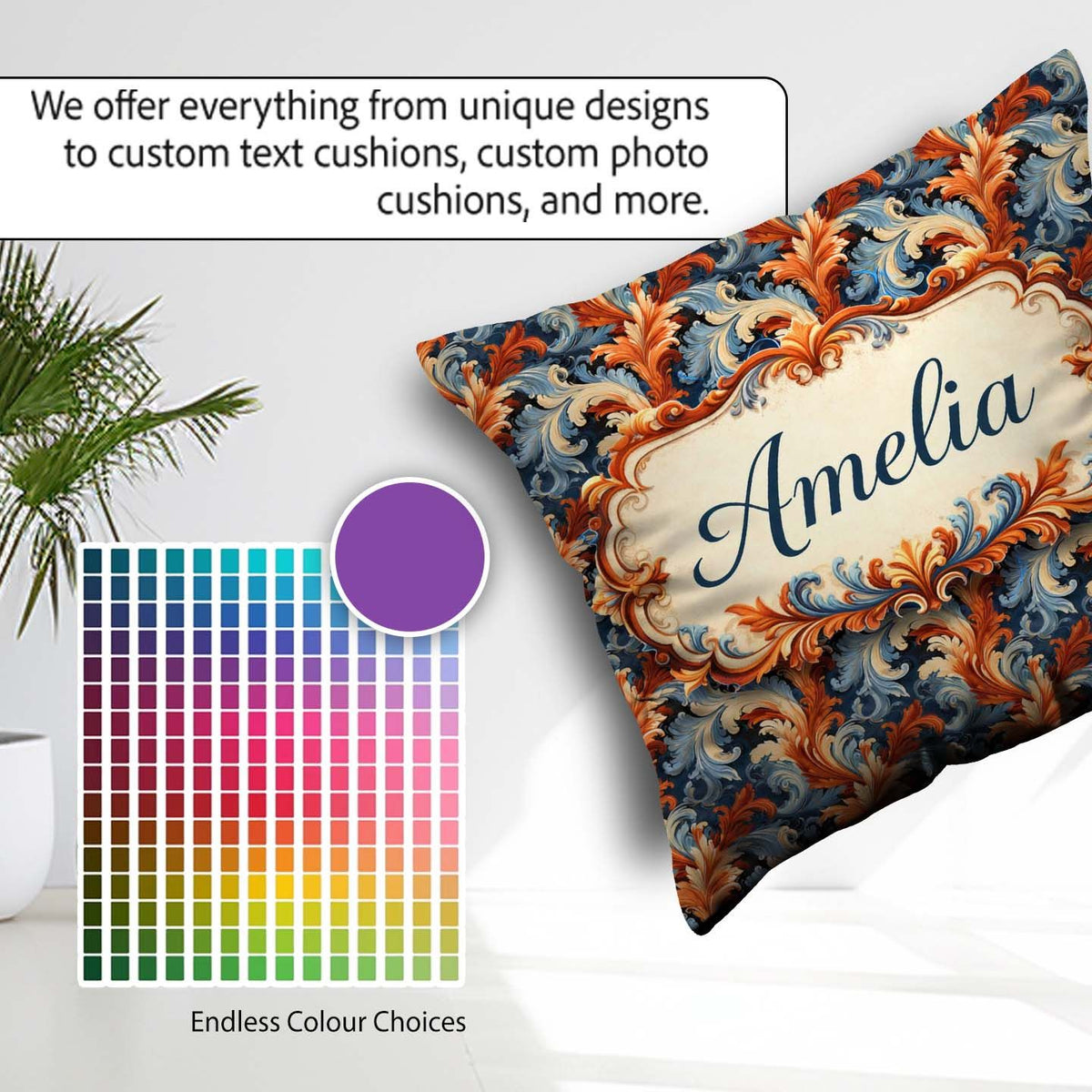 Custom Name Orange Baroque Floral Artistic Ornamental Decorative Square Filled Cushion Throw Pillow Sofa Bed Home Decor Zip Washable UK Made