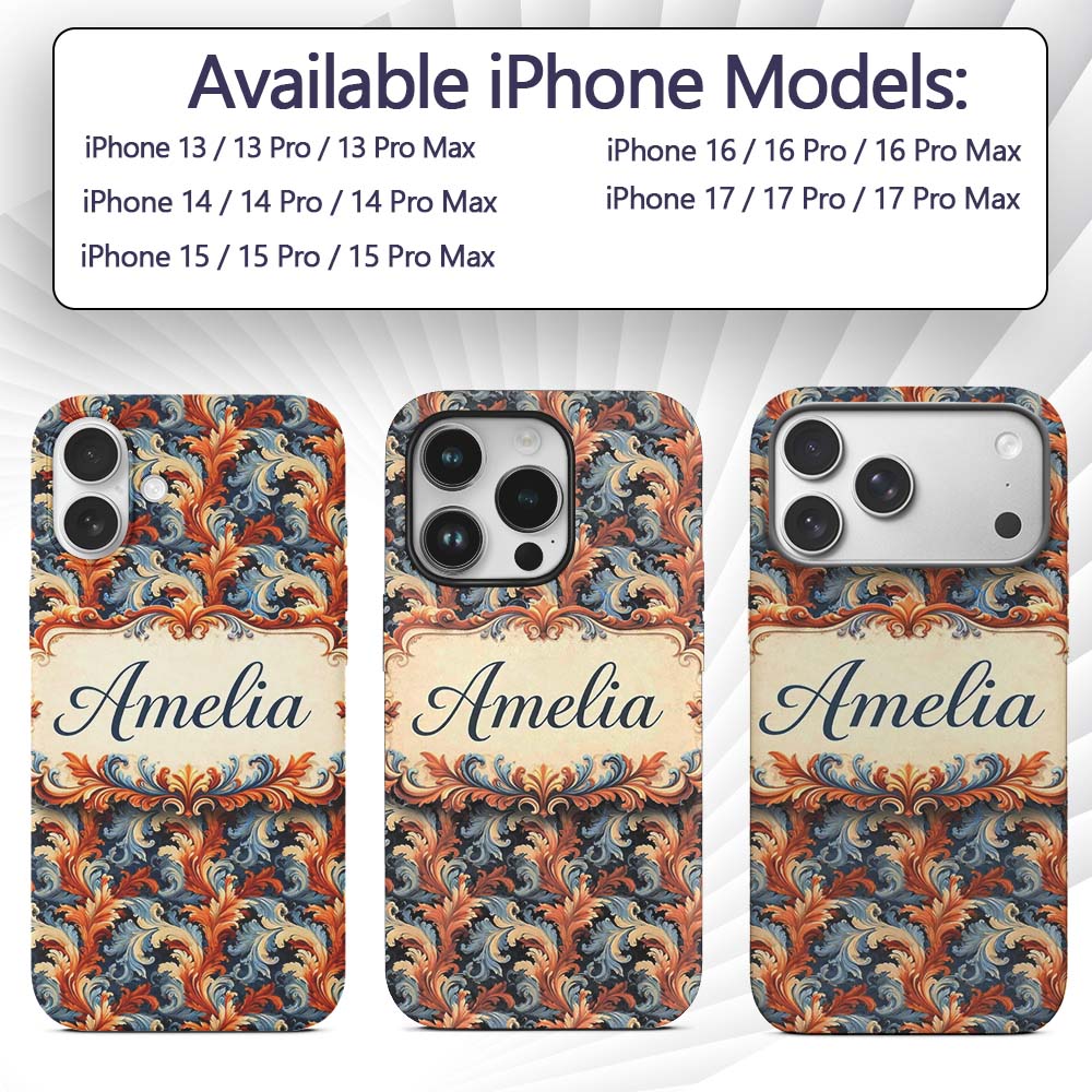 Blue Orange Baroque Floral Artistic Ornamental Custom Name Protective Phone Case Mobile Cover Durable Everyday Smartphone Shock Resistant