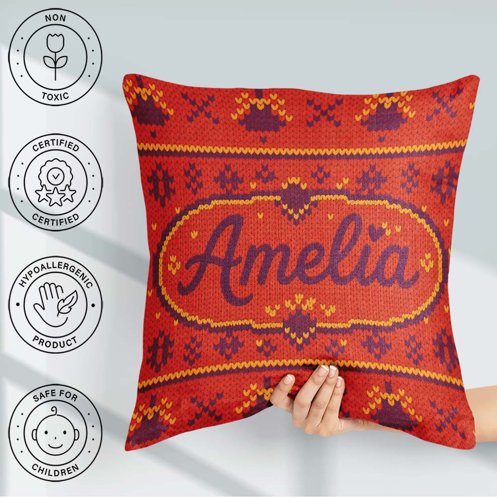 Custom Name Red Orange Knitted Heart Nordic Warm Festive Pattern Square Filled Cushion Throw Pillow Sofa Bed Home Decor Zip Washable UK Made