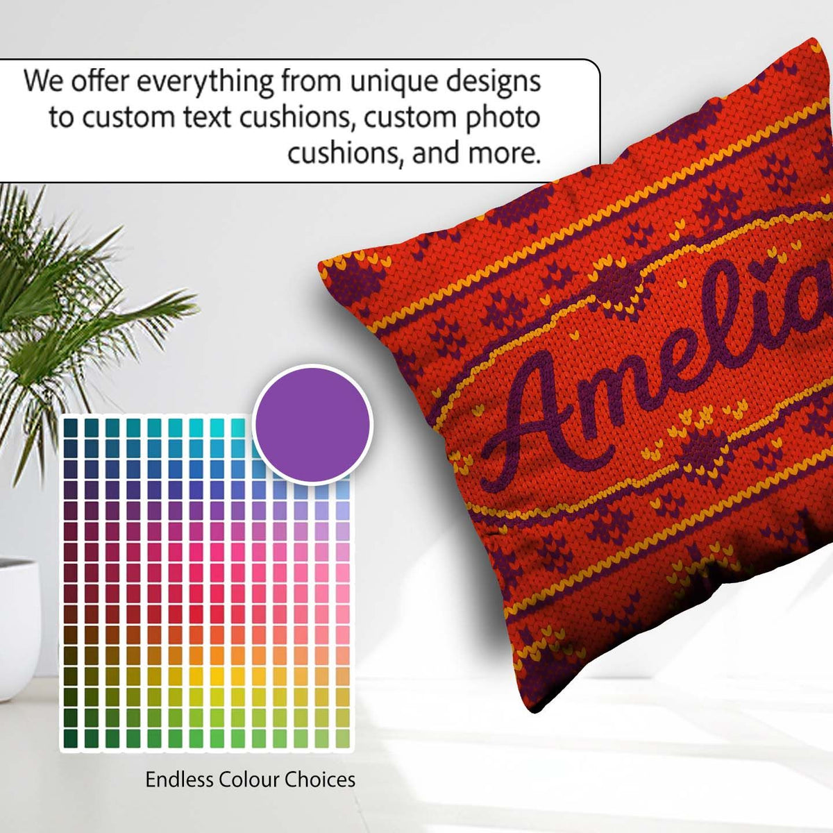Custom Name Red Orange Knitted Heart Nordic Warm Festive Pattern Square Filled Cushion Throw Pillow Sofa Bed Home Decor Zip Washable UK Made
