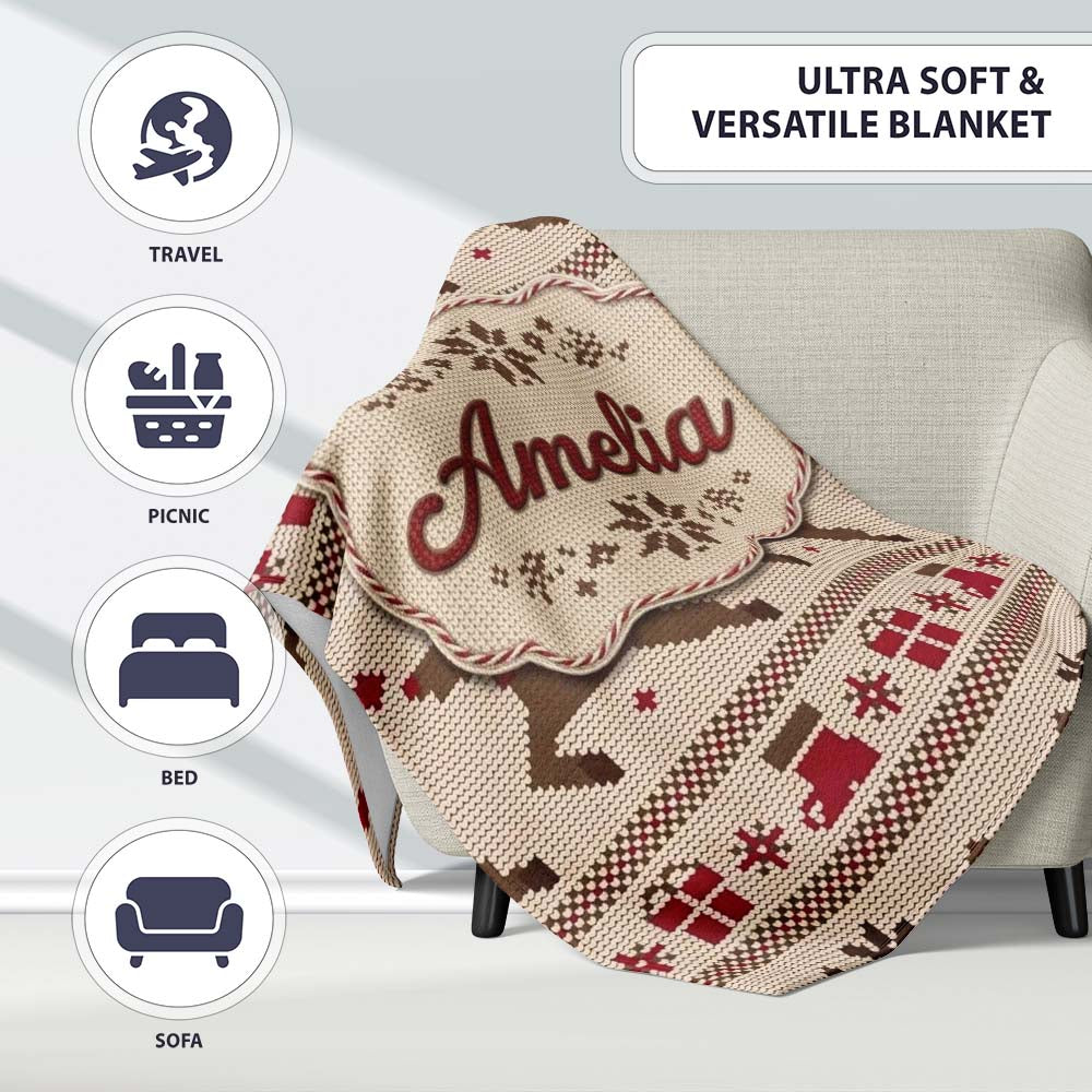 Cute Beige Nordic Reindeer Gift Christmas Knitted Seamless Pattern Personalised Custom Name Super Soft Fleece Blanket Bed Sofa Throw