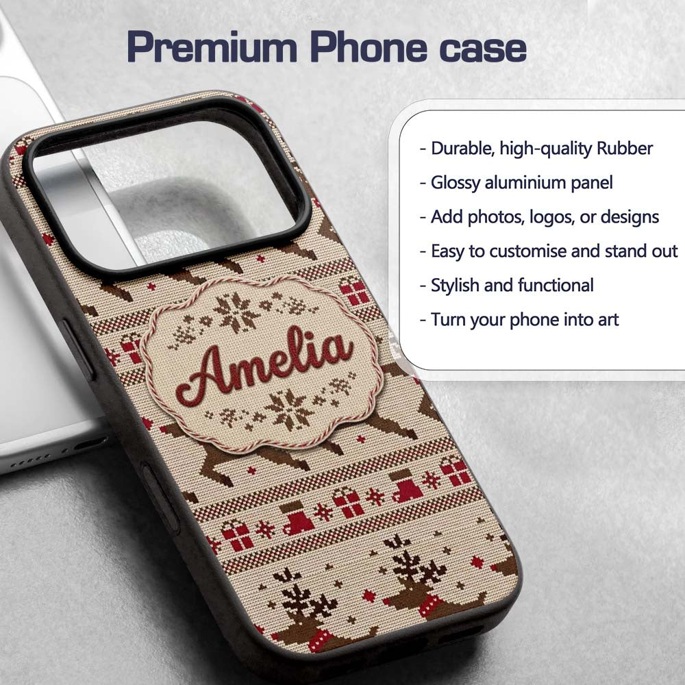 Cute Beige Nordic Reindeer Gift Christmas Knitted Custom Name Protective Phone Case Mobile Cover Durable Everyday Smartphone Shock Resistant