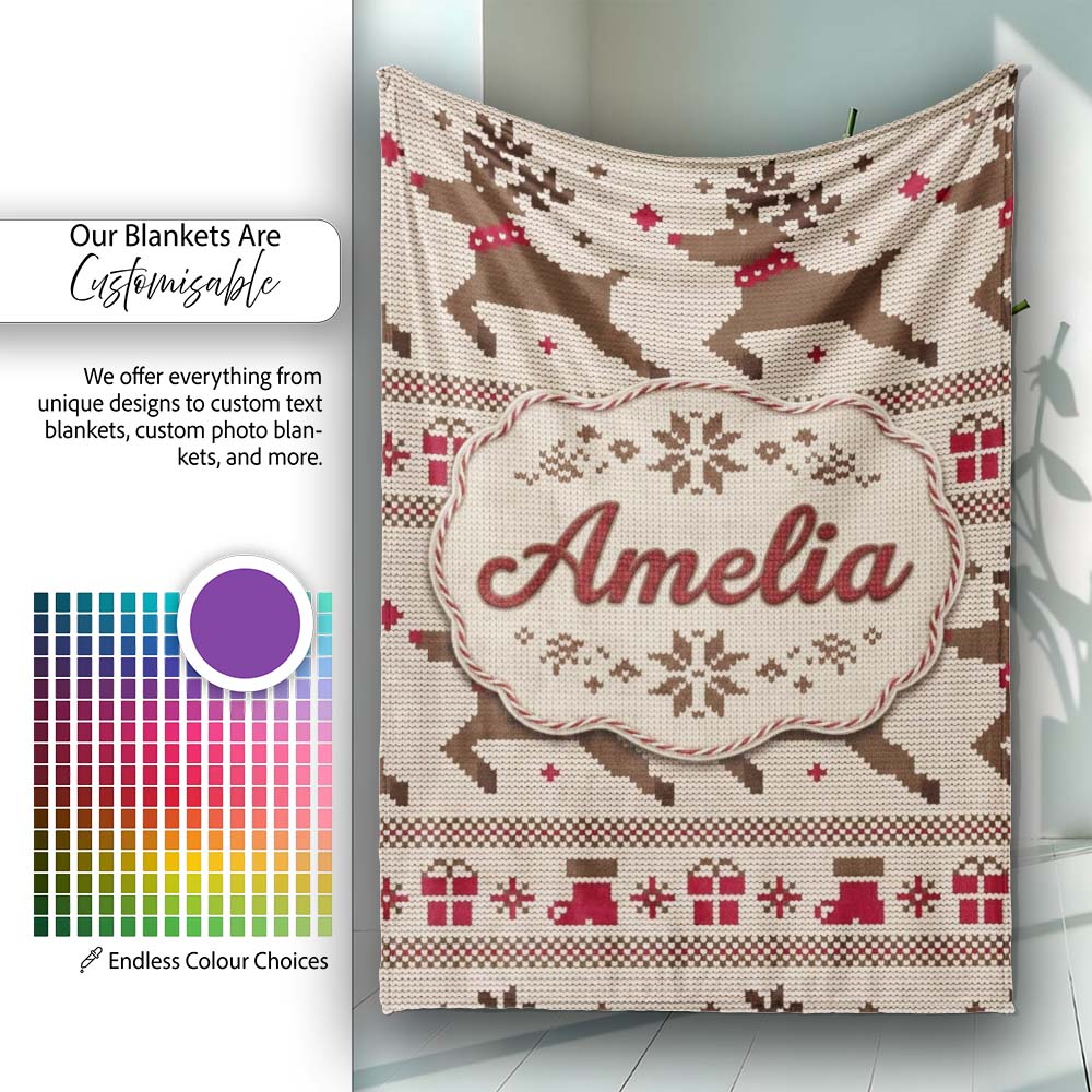 Cute Beige Nordic Reindeer Gift Christmas Knitted Seamless Pattern Personalised Custom Name Super Soft Fleece Blanket Bed Sofa Throw