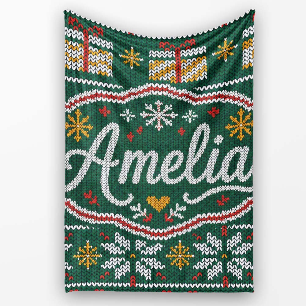 Cute Green Nordic Christmas Tree Snowflake Gift Knitted Seamless Personalised Custom Name Super Soft Fleece Blanket Bed Sofa Throw