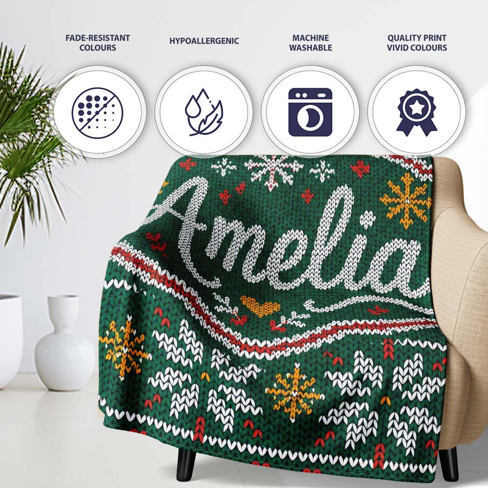 Cute Green Nordic Christmas Tree Snowflake Gift Knitted Seamless Personalised Custom Name Super Soft Fleece Blanket Bed Sofa Throw
