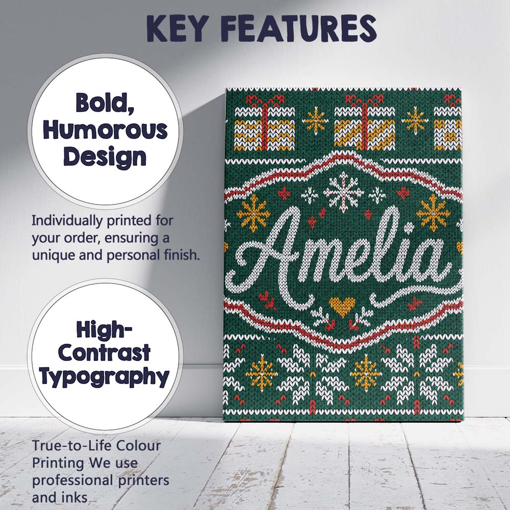 Personalised Name Cute Green Nordic Christmas Custom Unique Gift Idea Modern Room Accent Canvas Wall Art Print Decor Picture Ready to Hang
