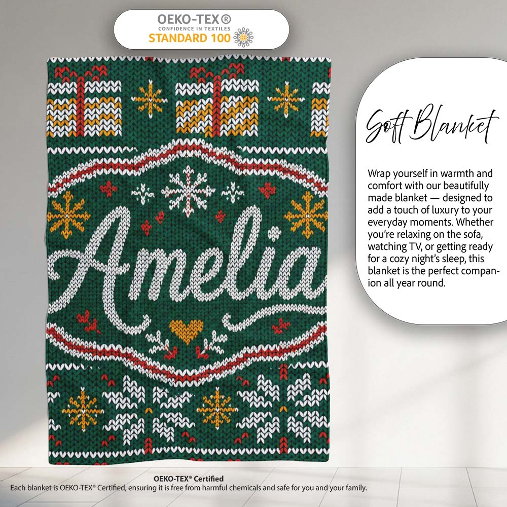 Cute Green Nordic Christmas Tree Snowflake Gift Knitted Seamless Personalised Custom Name Super Soft Fleece Blanket Bed Sofa Throw