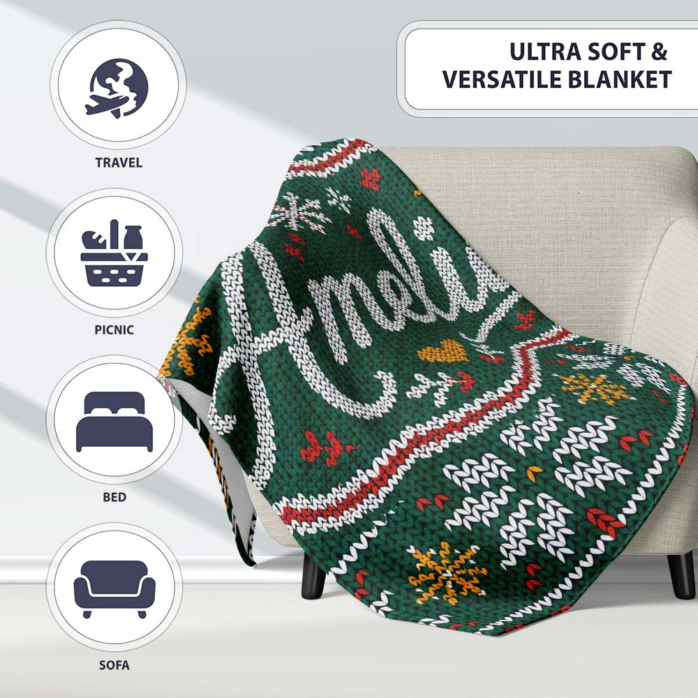 Cute Green Nordic Christmas Tree Snowflake Gift Knitted Seamless Personalised Custom Name Super Soft Fleece Blanket Bed Sofa Throw