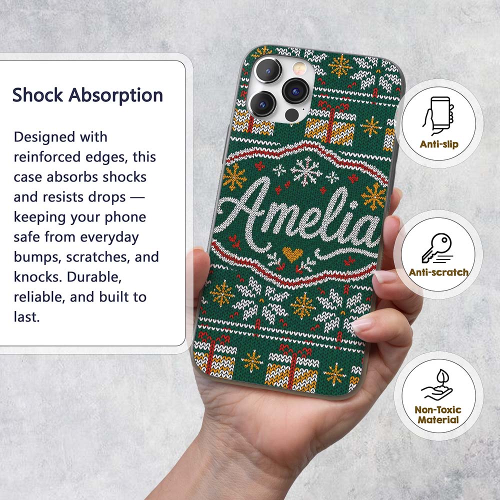 Cute Green Nordic Christmas Tree Snowflake Gift Custom Name Protective Phone Case Mobile Cover Durable Everyday Smartphone Shock Resistant