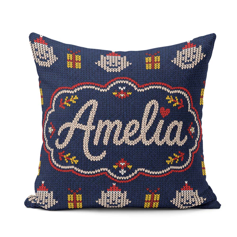 Custom Name Cute Blue Nordic Christmas Knitted Seamless Pattern Square Filled Cushion Throw Pillow Sofa Bed Home Decor Zip Washable UK Made