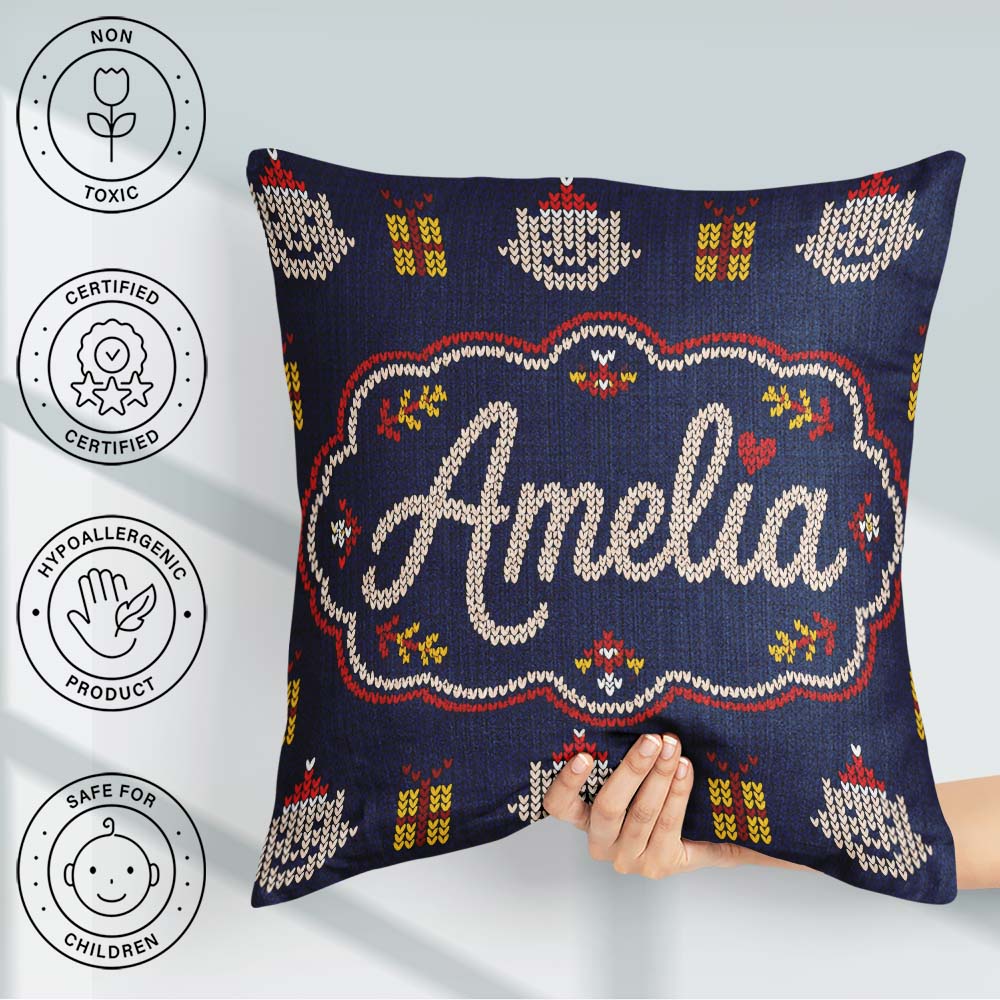 Custom Name Cute Blue Nordic Christmas Knitted Seamless Pattern Square Filled Cushion Throw Pillow Sofa Bed Home Decor Zip Washable UK Made