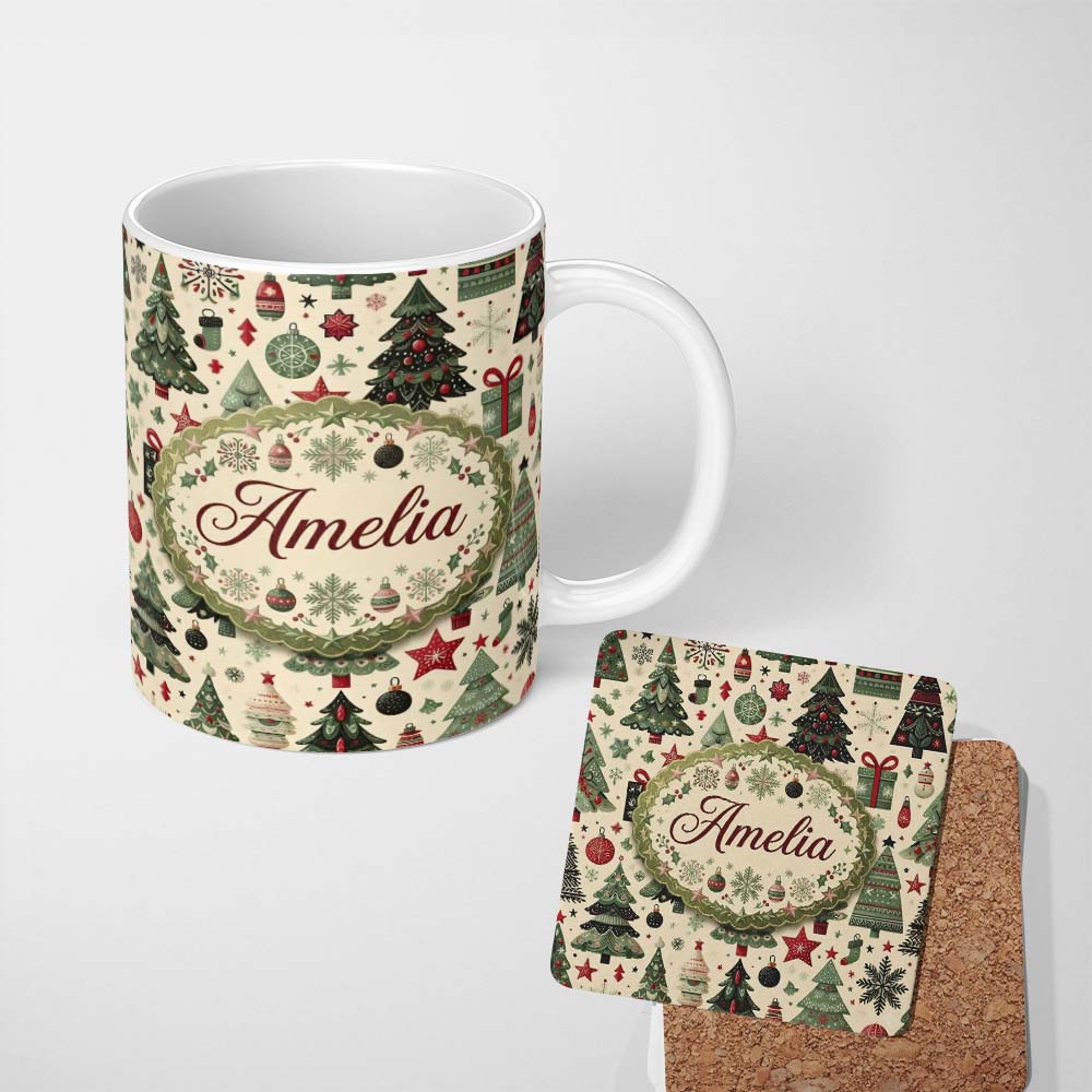 Personalized Custom Name Elegant Christmas Tree Star Snowflake Gift Festive Seamless Pattern 11oz Ceramic Coffee Tea Mug White Large Handle