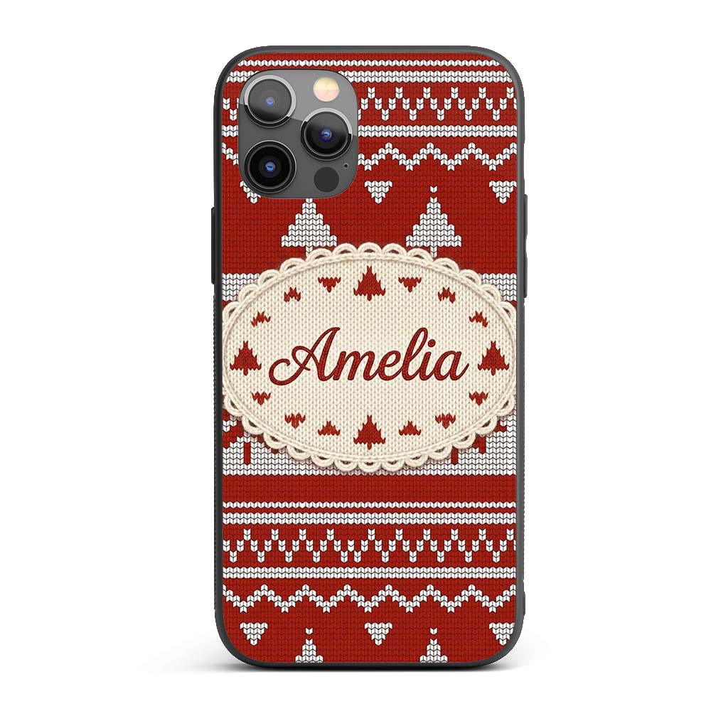Cute Red White Nordic Snowflake Winter Knitted Custom Name Protective Phone Case Mobile Cover Durable Everyday Smartphone Shock Resistant