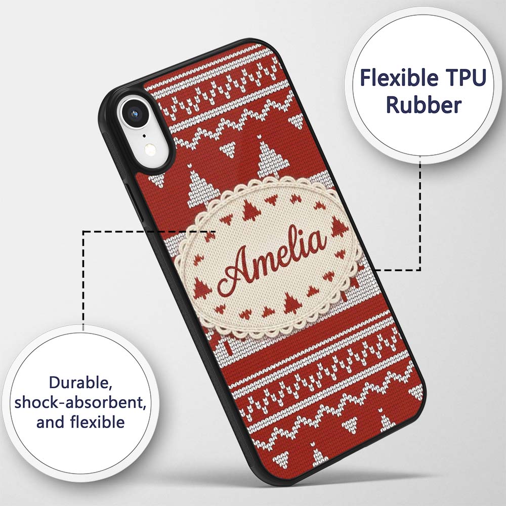 Cute Red White Nordic Snowflake Winter Knitted Custom Name Protective Phone Case Mobile Cover Durable Everyday Smartphone Shock Resistant