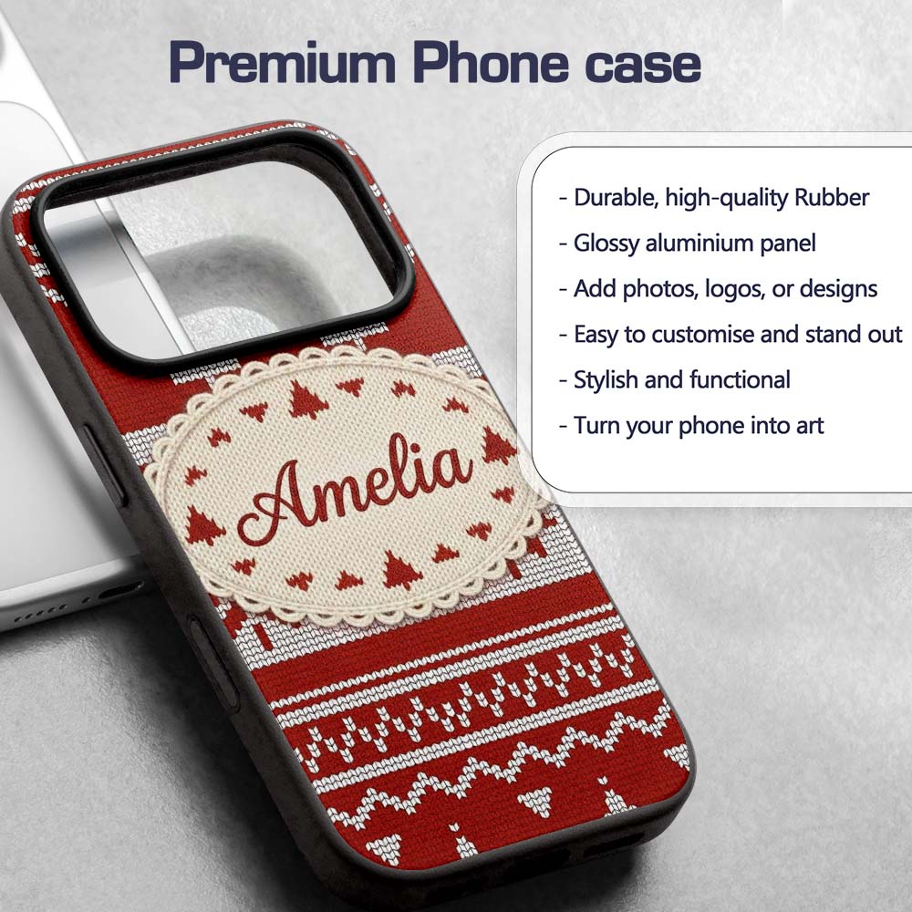 Cute Red White Nordic Snowflake Winter Knitted Custom Name Protective Phone Case Mobile Cover Durable Everyday Smartphone Shock Resistant