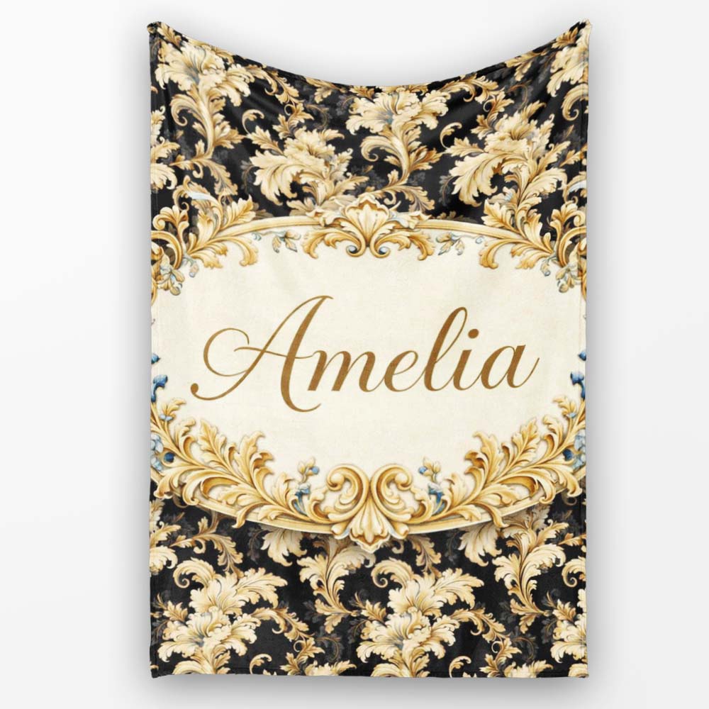 Ivory Gold Damask Seamless Pattern Classic Elegant Ornamental Lovely Personalised Custom Name Super Soft Fleece Blanket Bed Sofa Throw