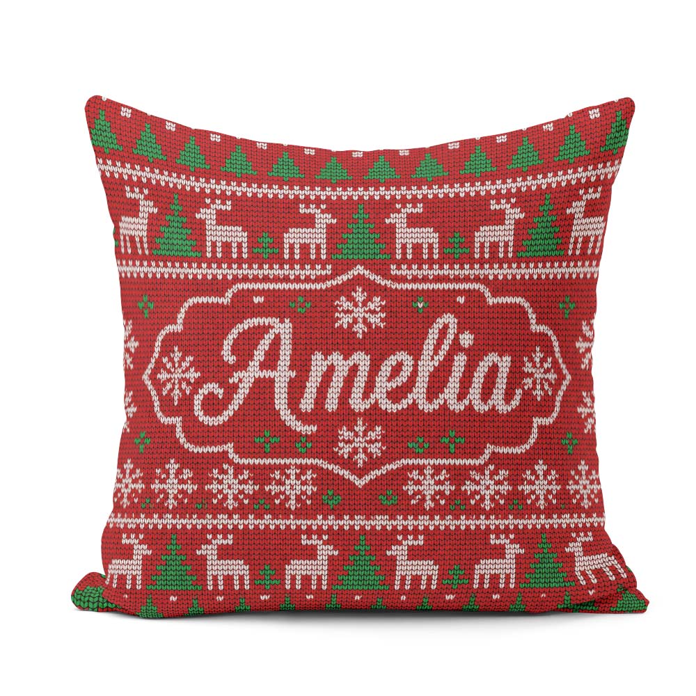 Custom Name Red Nordic Reindeer Snowflake Christmas Tree Knitted Square Filled Cushion Throw Pillow Sofa Bed Home Decor Zip Washable UK Made