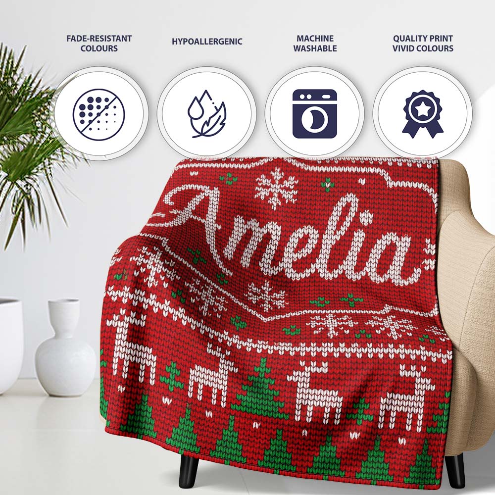 Cute Red Nordic Reindeer Snowflake Christmas Tree Knitted Seamless Personalised Custom Name Super Soft Fleece Blanket Bed Sofa Throw