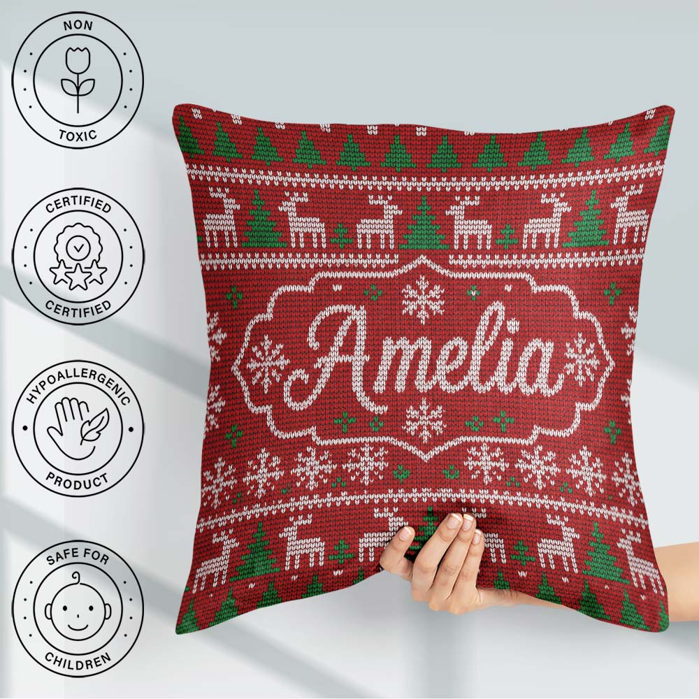 Custom Name Red Nordic Reindeer Snowflake Christmas Tree Knitted Square Filled Cushion Throw Pillow Sofa Bed Home Decor Zip Washable UK Made
