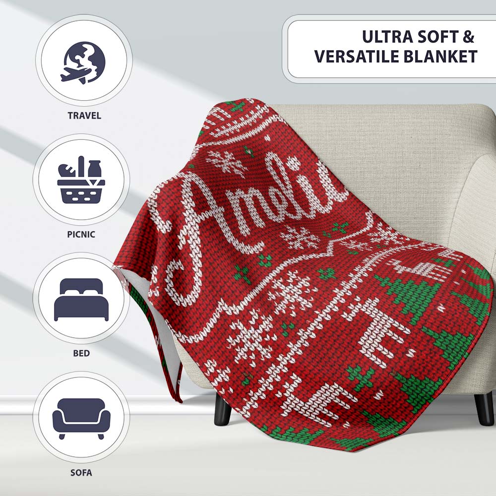 Cute Red Nordic Reindeer Snowflake Christmas Tree Knitted Seamless Personalised Custom Name Super Soft Fleece Blanket Bed Sofa Throw