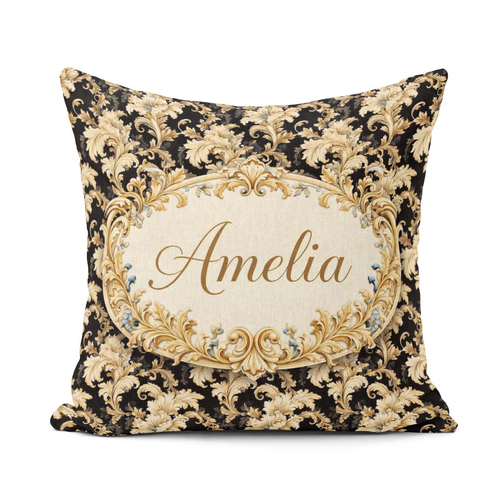Custom Name Ivory Gold Damask Pattern Classic Elegant Ornamental Square Filled Cushion Throw Pillow Sofa Bed Home Decor Zip Washable UK Made