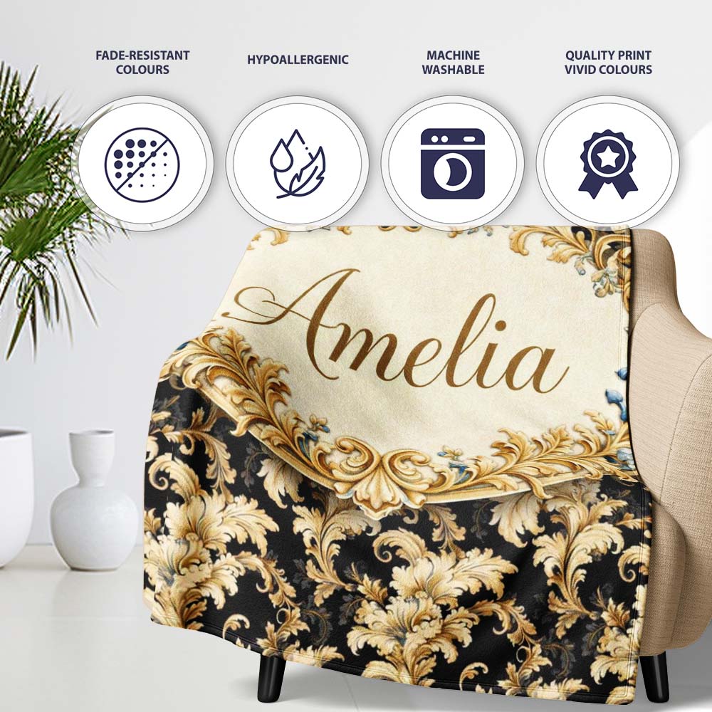 Ivory Gold Damask Seamless Pattern Classic Elegant Ornamental Lovely Personalised Custom Name Super Soft Fleece Blanket Bed Sofa Throw