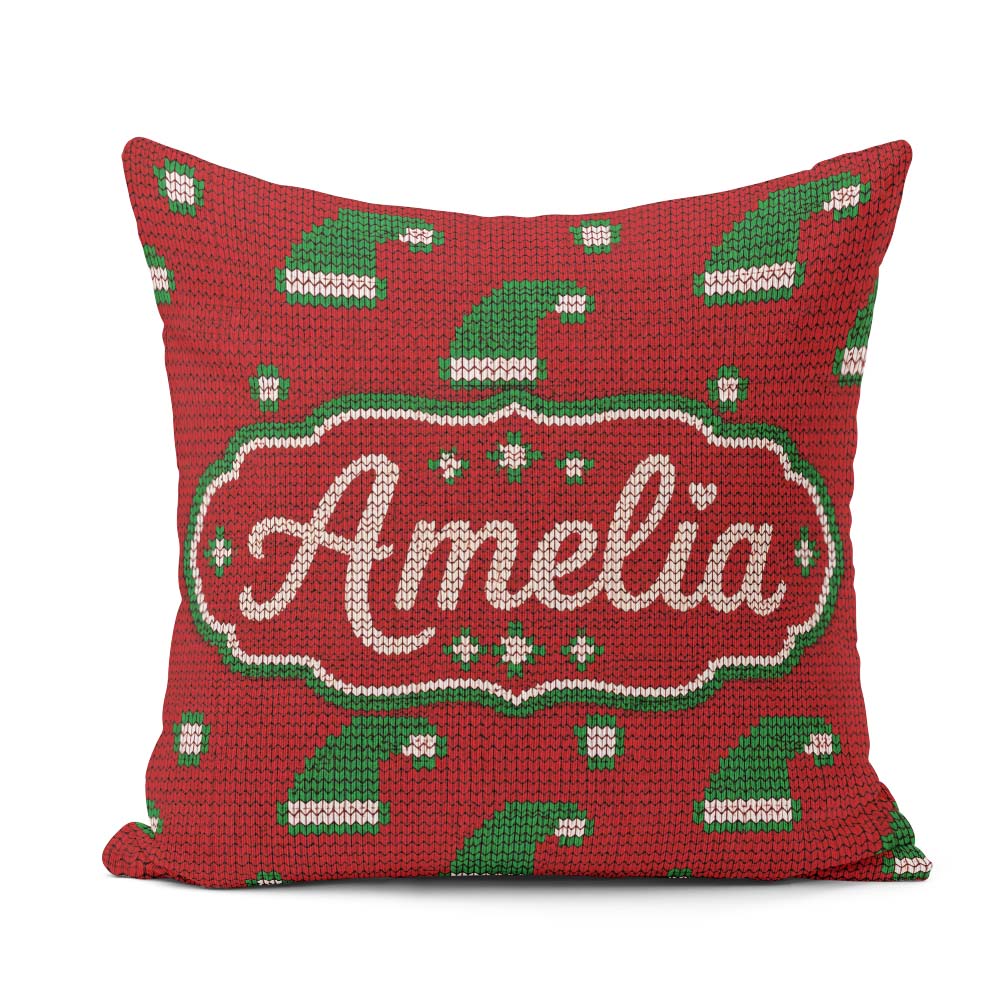 Custom Name Cute Red Green Christmas Hat Festive Knitted Pattern Square Filled Cushion Throw Pillow Sofa Bed Home Decor Zip Washable UK Made