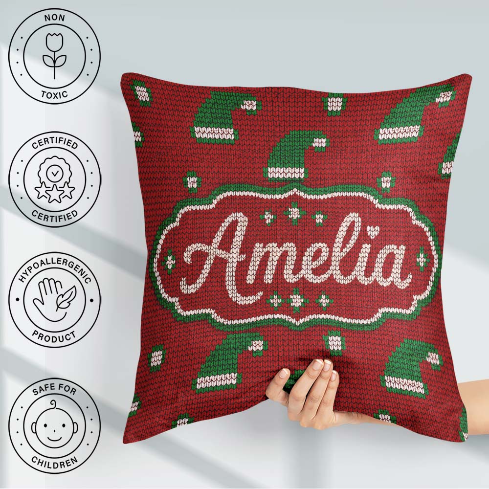 Custom Name Cute Red Green Christmas Hat Festive Knitted Pattern Square Filled Cushion Throw Pillow Sofa Bed Home Decor Zip Washable UK Made
